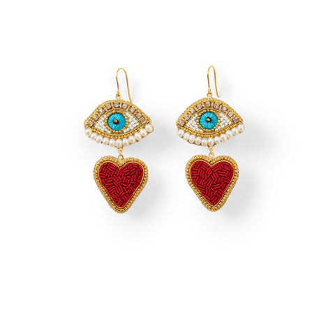 PEARL AND CRISTAL EYES EARRINGS WITH HANGING HEART